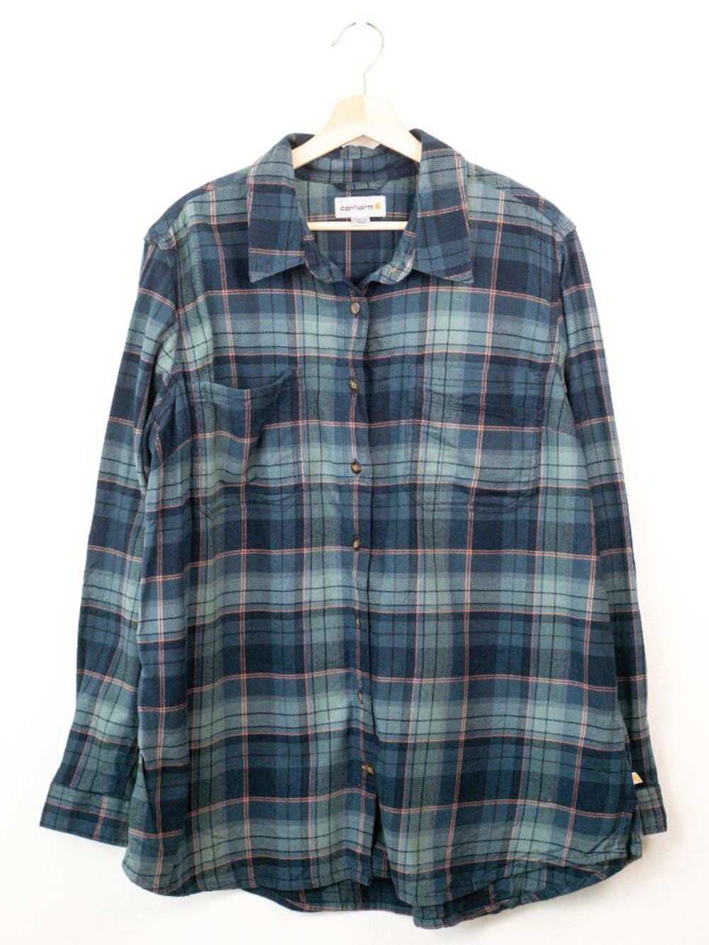 Carhartt Women's Plus 1X Plaid Flannel Shirt Green Blue Orange 16W/18W